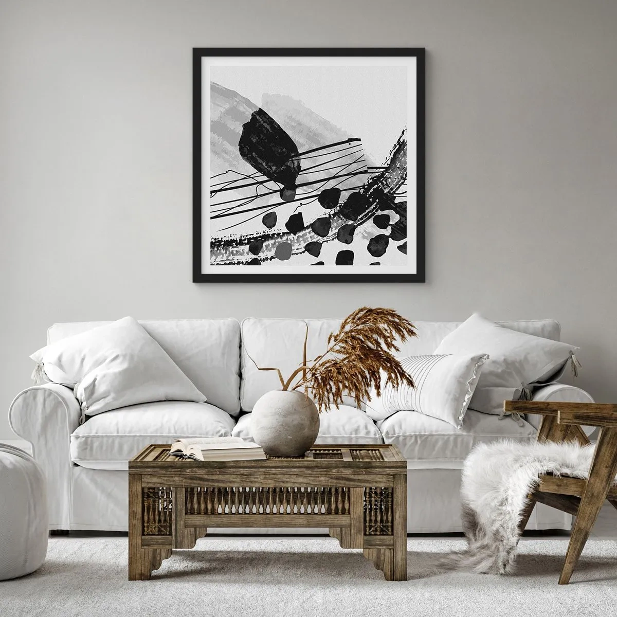 Poster în ramă neagră - Abstracție organică în negru și alb - 30x30 cm