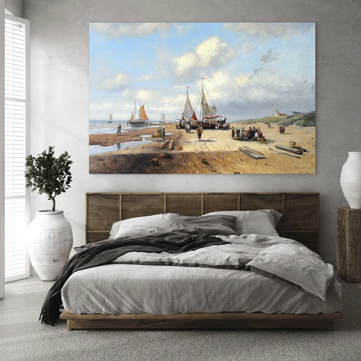 Tablou pe sticlă - Scenă de plajă cu bărci de pescuit și oameni care pescuiesc - 70x50cm - Pescuit de succes - Decorațiune modernă pentru perete pentru living și dormitor ARTTOR