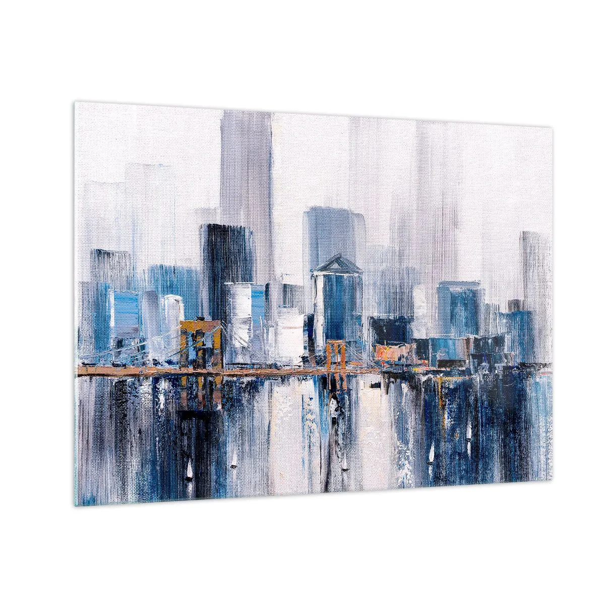 Tablou pe sticlă - Panoramă abstractă a orașului cu zgârie-nori și un pod în culori reci - 70x50cm - Impresie de New York - Decorațiune modernă pentru perete pentru living și dormitor ARTTOR