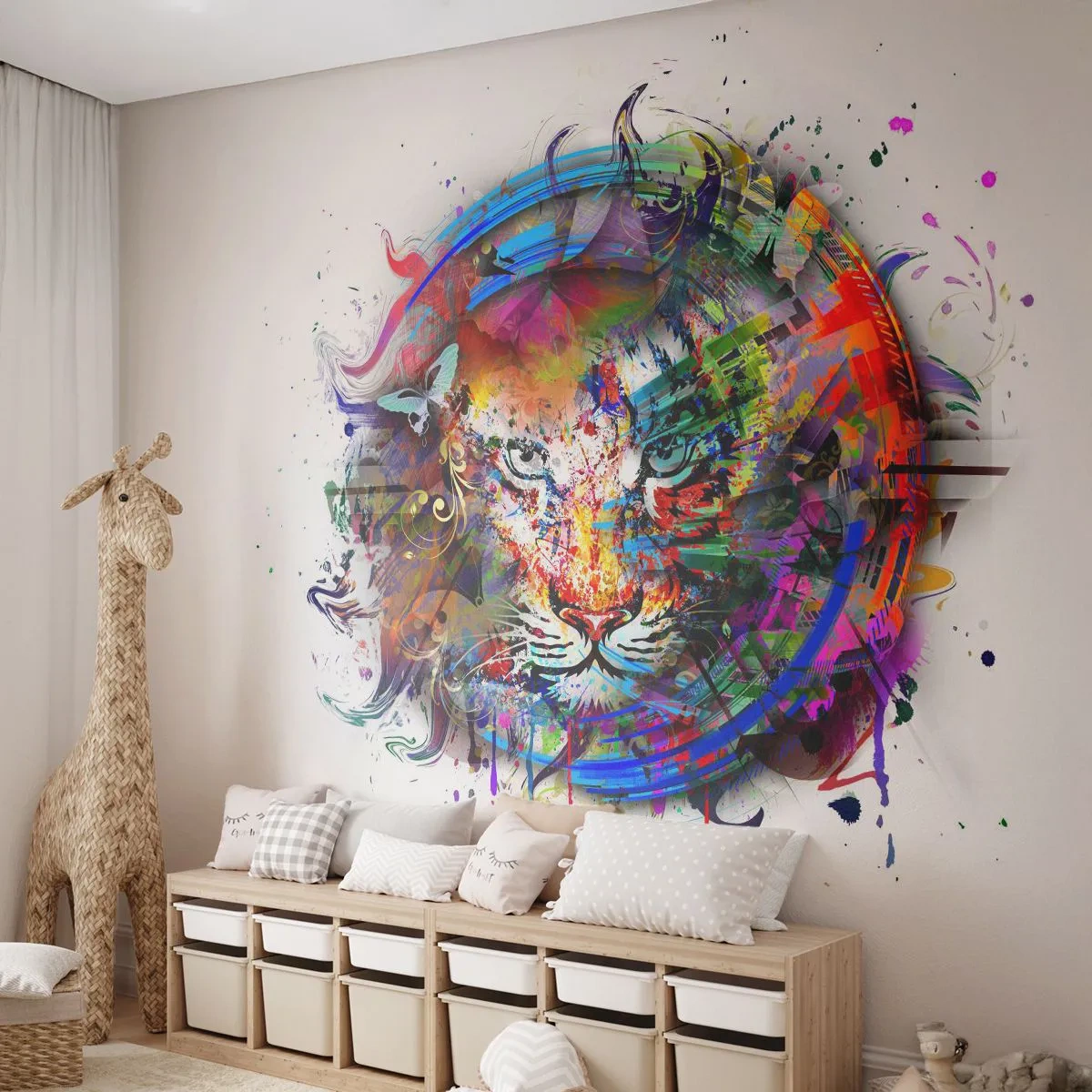 Tapet Standard Eco - Ascunzându-se în spatele voalului curcubeu - Abstracția, Tigru, Grafică - 200x140 cm