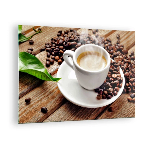 Tablou pe sticlă - ceașcă de cafea înconjurată de boabe pe o masă de lemn - 70x50cm - Cafea pe bancă - Decorațiune modernă pentru perete pentru living și dormitor ARTTOR