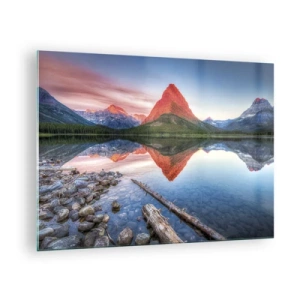 Tablou pe sticlă - Un vârf de munte reflectat într-un lac liniștit - 70x50cm - Căldură și frig - Decorațiune modernă pentru perete pentru living și dormitor ARTTOR