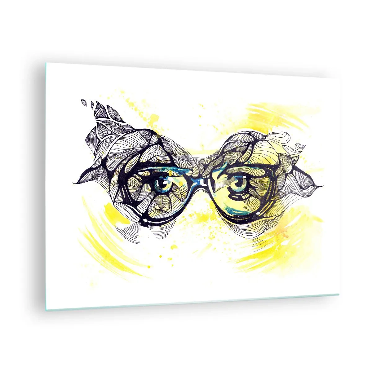 Tablou pe sticlă - Ochelari cu modele artistice și ochi pe un fundal galben - 70x50cm - Prin ochelari albaștri - Decorațiune modernă pentru perete pentru living și dormitor ARTTOR
