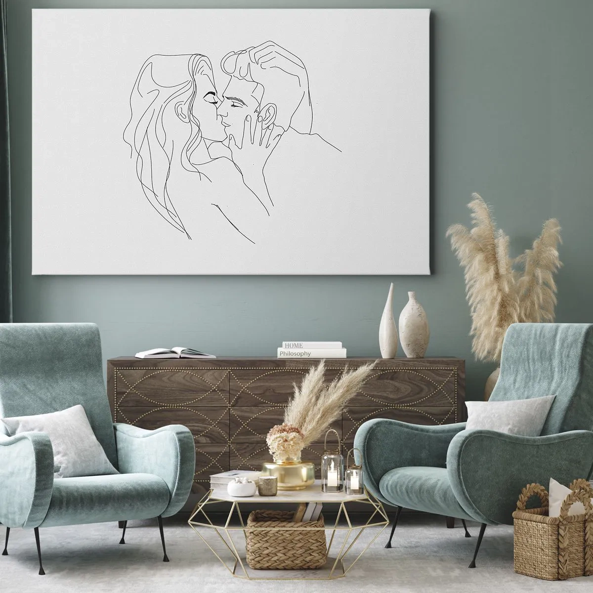 Tablou pe pânză Canvas - Schița unui cuplu sărutându-se pe un fundal deschis - 70x50cm - Cu aceeași linie - Decorațiune modernă pentru perete pentru living și dormitor ARTTOR