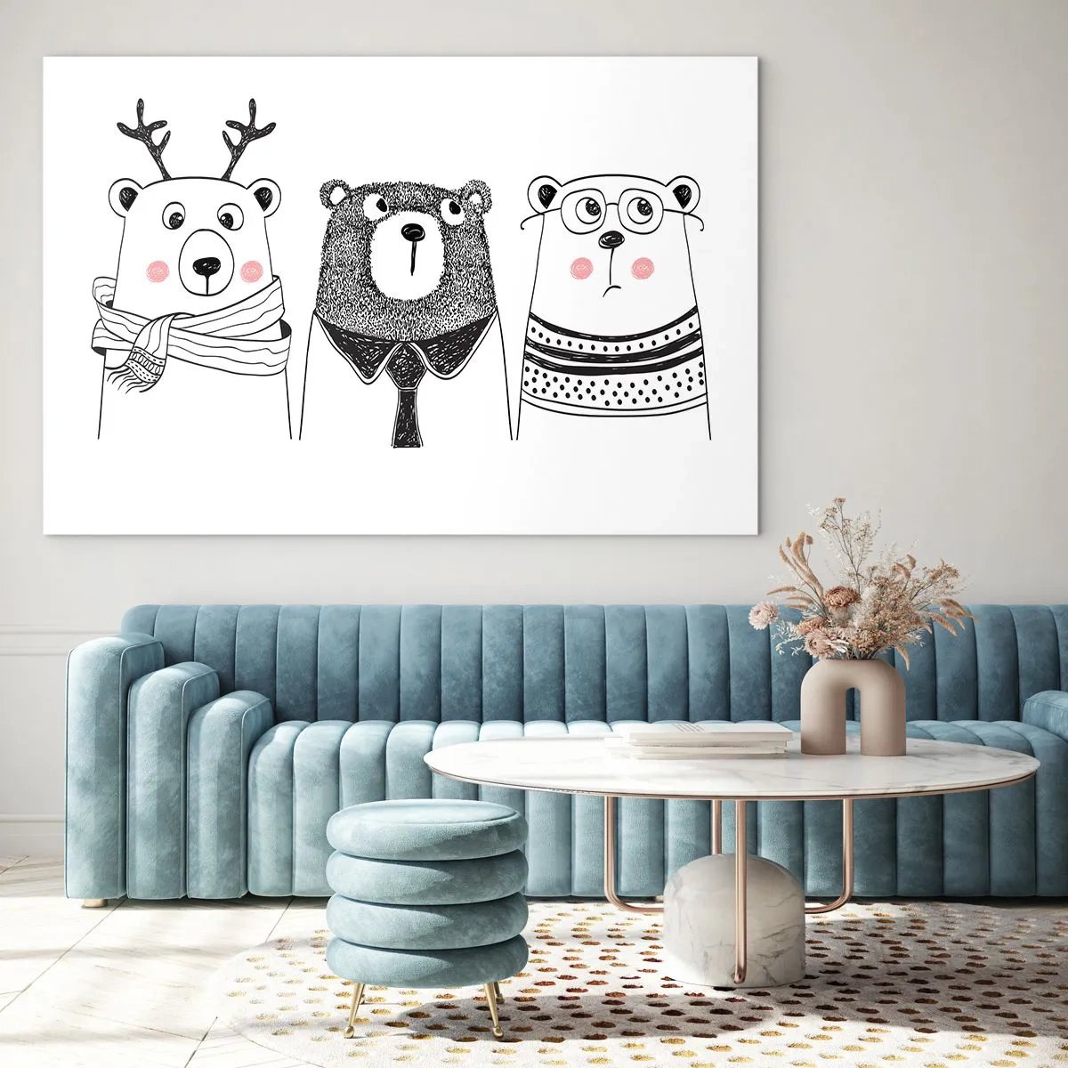Tablou pe sticlă - Trei urși amuzanți într-o ilustrație alb-negru - 70x50cm - Ursuleț, urs - Decorațiune modernă pentru perete pentru living și dormitor ARTTOR