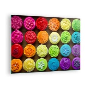 Tablou pe sticlă - Brioșe colorate cu decorațiuni pe un fundal de lemn - 70x50cm - Fiecare diferită - toate delicioase - Decorațiune modernă pentru perete pentru living și dormitor ARTTOR