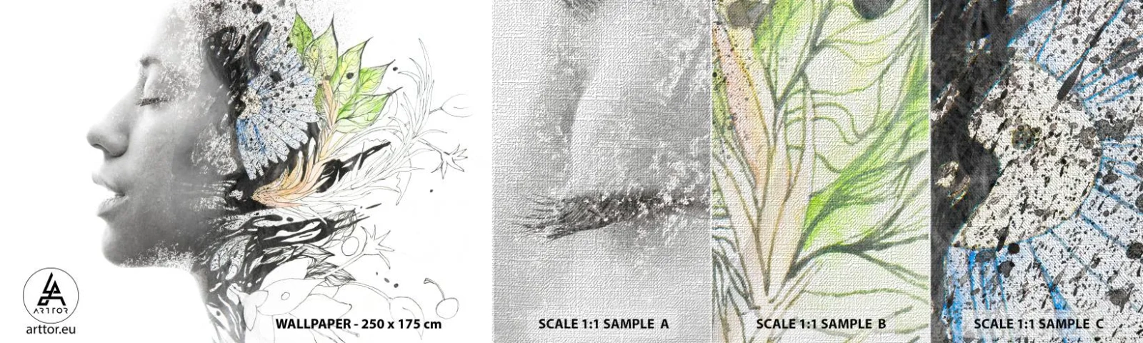 Mostră tapet Premium Canvas - Scufundată în natură - Abstracția, Chipul de femeie, Flori - 100x30 cm