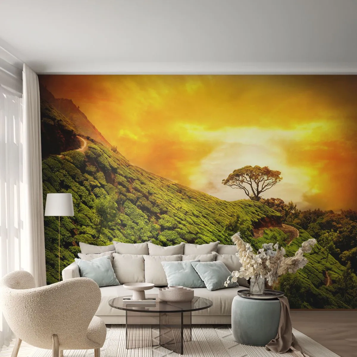 Tapet Premium Sand - O cărare sinuoasă, o pantă verde - Peisaj, Plantație de ceai, India - 100x70 cm