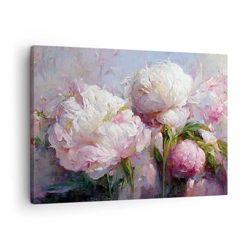 Tablou pe pânză Canvas - Flori de bujor romantice în culori pastelate - 70x50cm - Un buchet plin de viață - Decorațiune modernă pentru perete pentru living și dormitor ARTTOR