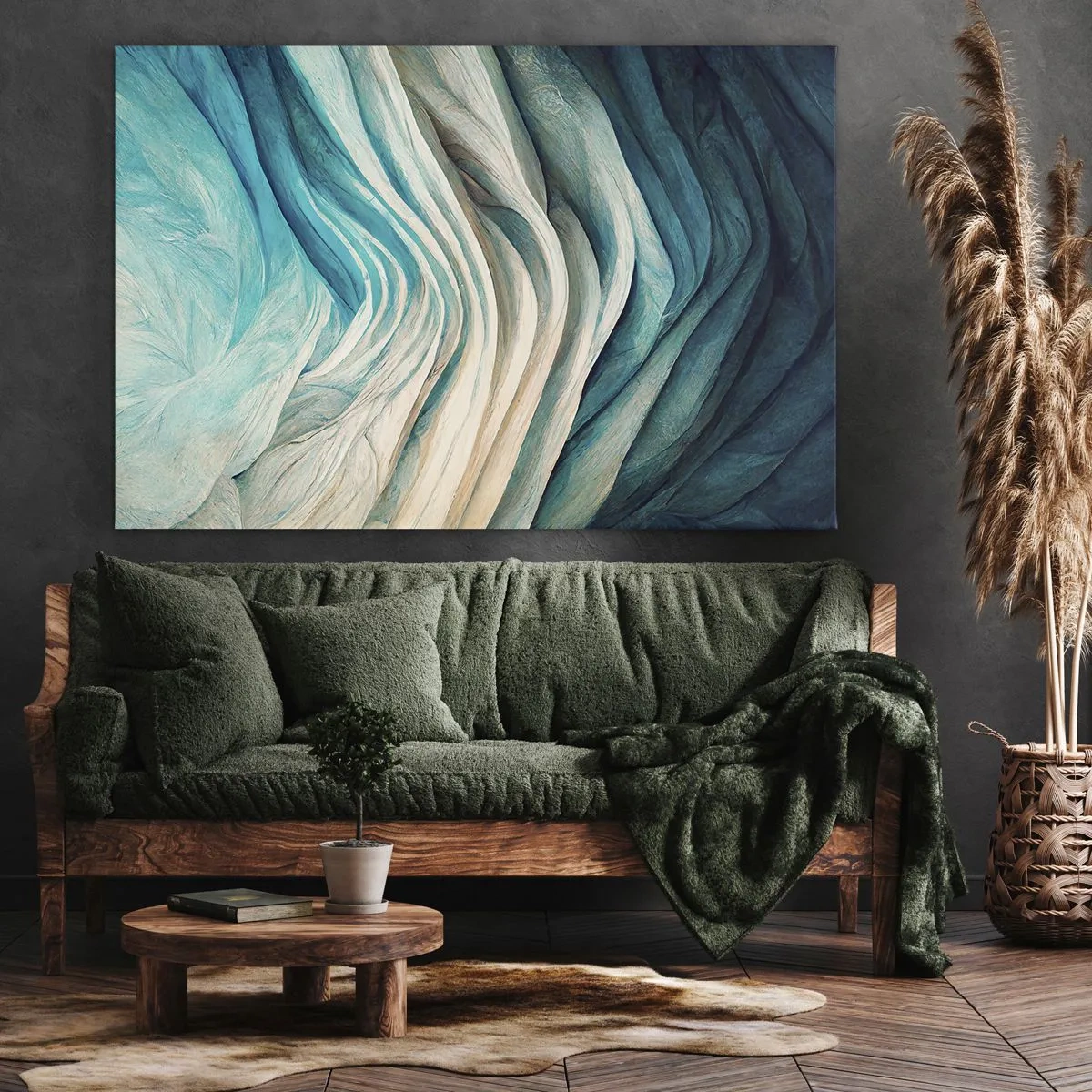 Tablou pe pânză Canvas - Valuri dinamice în nuanțe de albastru și alb - 70x50cm - Insațiabilitate albastră - Decorațiune modernă pentru perete pentru living și dormitor ARTTOR