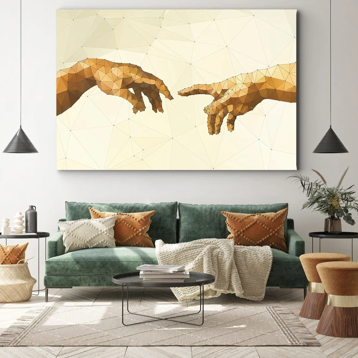 Tablou pe pânză Canvas - Mâini geometrice care se întind una spre alta pe un fundal deschis - 70x50cm - Geometrie divină - Decorațiune modernă pentru perete pentru living și dormitor ARTTOR