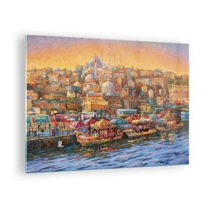 Tablou pe sticlă - Un port colorat cu bărci și o panoramă a orașului la apus - 70x50cm - O poveste din Istanbul - Decorațiune modernă pentru perete pentru living și dormitor ARTTOR