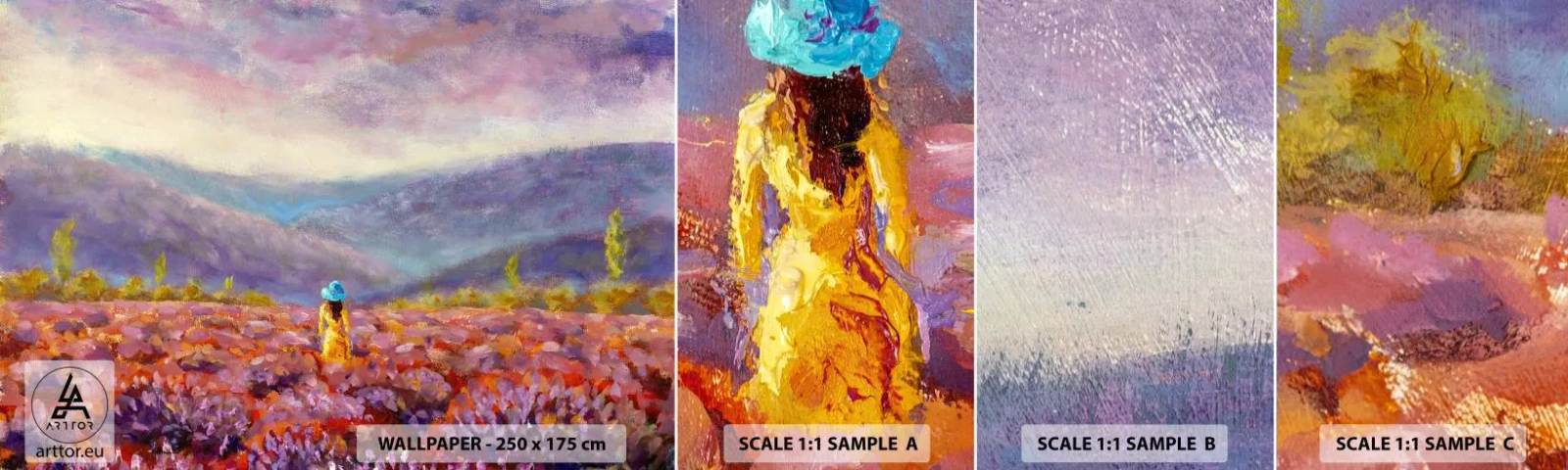 Mostră de Tapet Standard Eco - Într-o lume de lavandă - Peisaj, Femeie, Câmp de lavandă - 100x30 cm