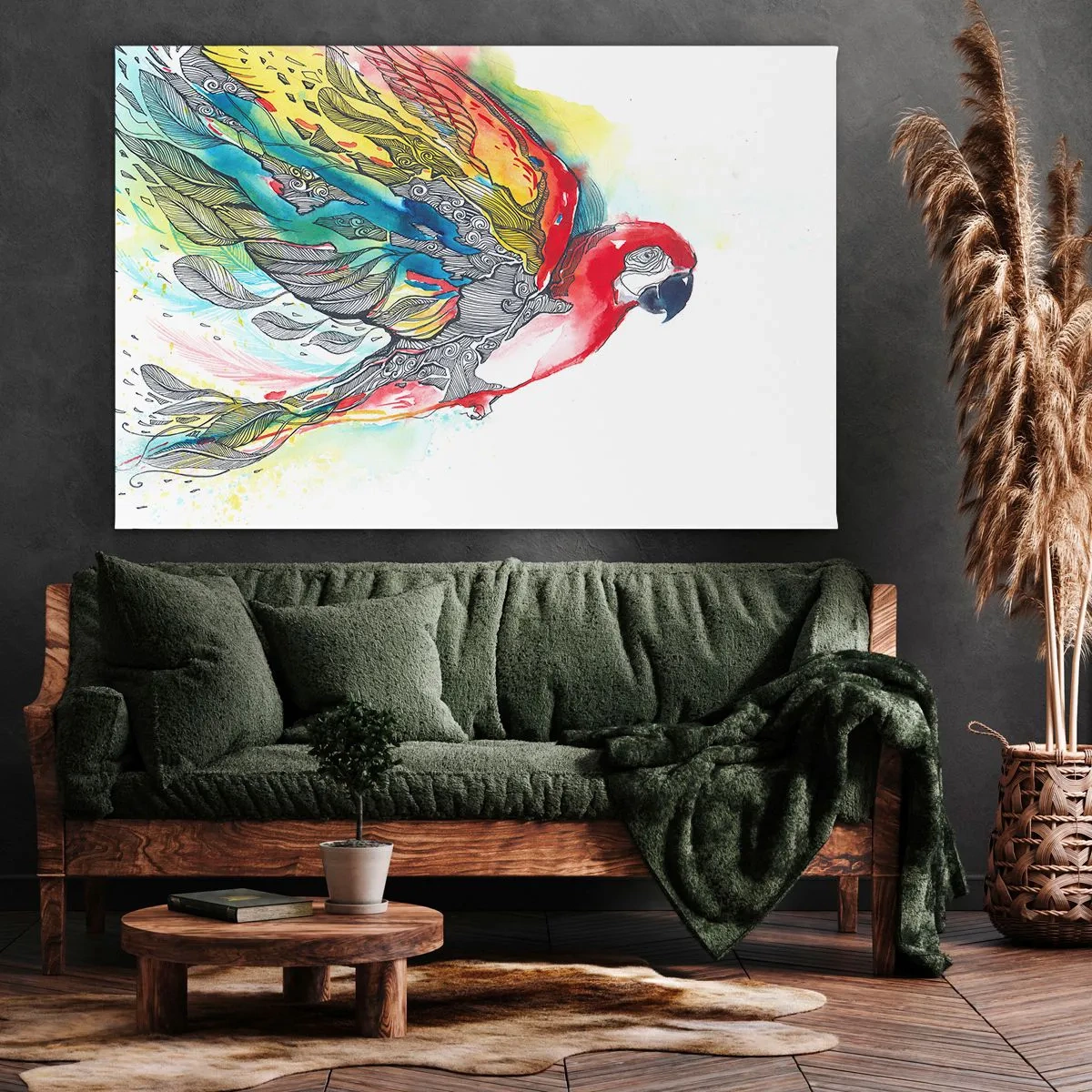 Tablou pe pânză Canvas - Un papagal colorat în zbor, cu modele abstracte pe aripi. - 70x50cm - Trăiește în culori - Decorațiune modernă pentru perete pentru living și dormitor ARTTOR
