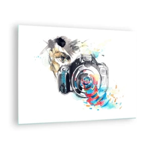 Tablou pe sticlă - Aparat foto cu elemente abstracte colorate - 70x50cm - În ochiul obiectivului - Decorațiune modernă pentru perete pentru living și dormitor ARTTOR