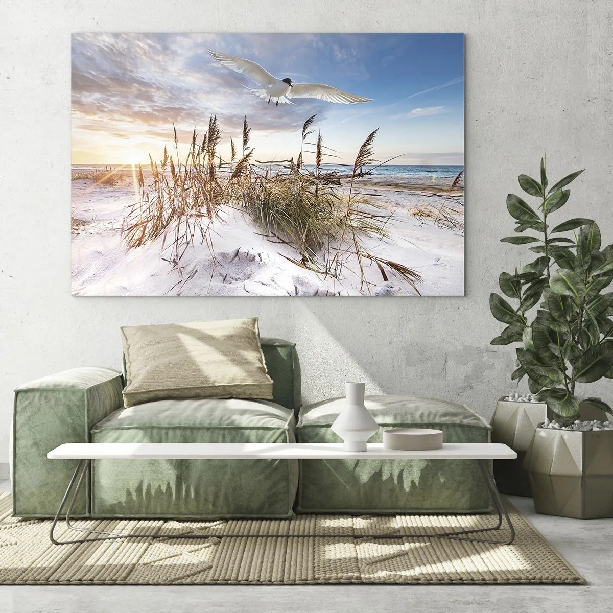 Tablou pe sticlă - O pasăre zburând peste dune la apus - 70x50cm - Vânt dinspre mare - Decorațiune modernă pentru perete pentru living și dormitor ARTTOR