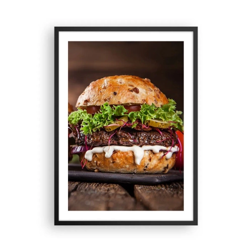 Poster în ramă neagră - Burger apetisant cu legume și sos - 50x70cm - American dream - Decorațiune modernă pentru perete pentru living și dormitor ARTTOR