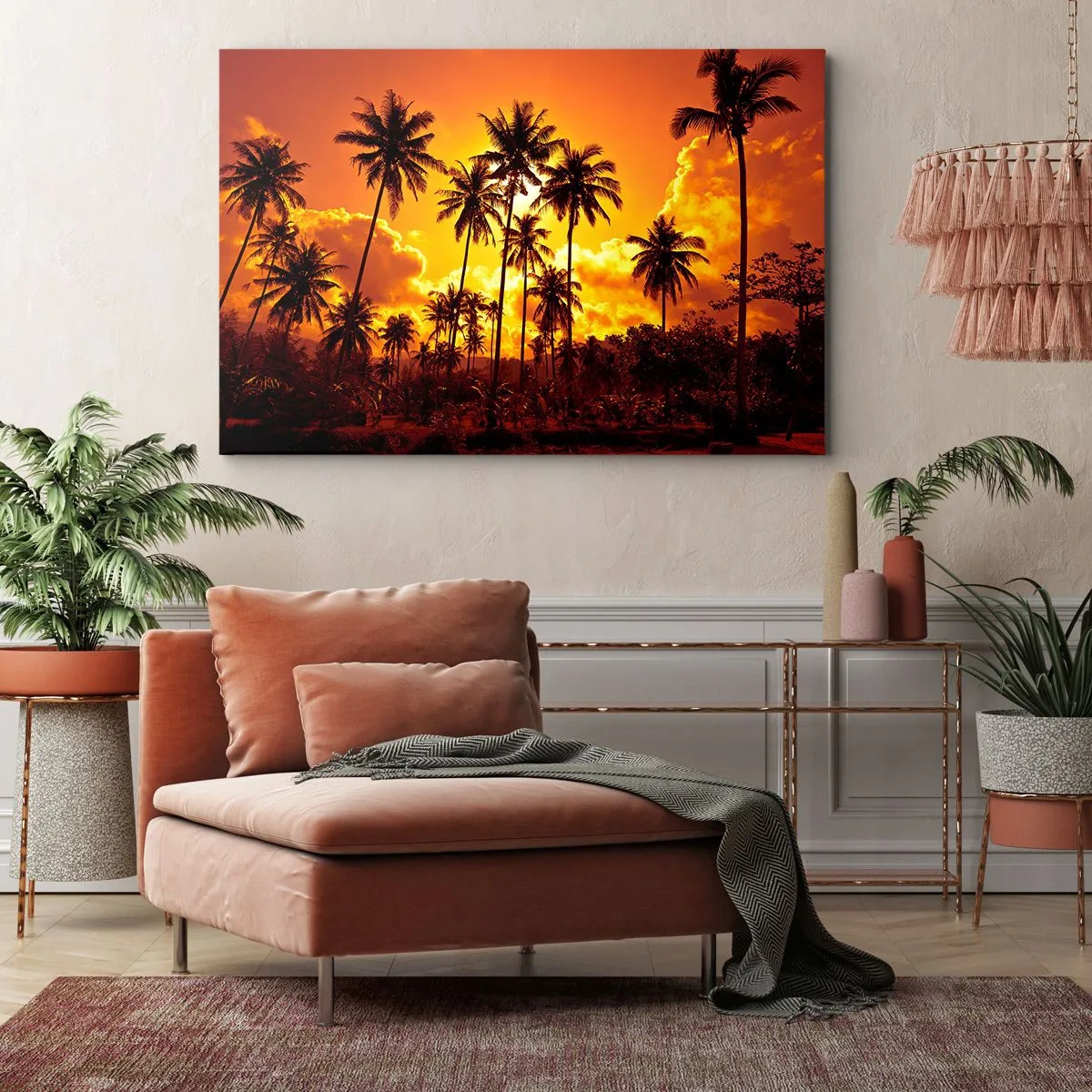 Tablou pe pânză Canvas - Palmieri pe un cer auriu în timpul unui apus de soare tropical - 70x50cm - Munții ard, pădurile ard - Decorațiune modernă pentru perete pentru living și dormitor ARTTOR