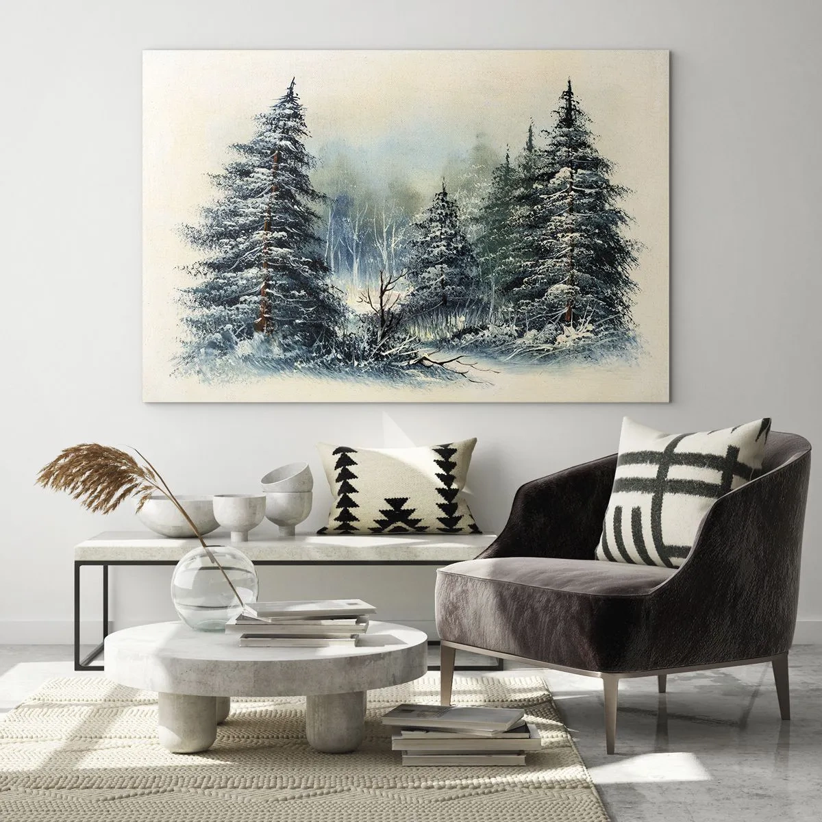Tablou pe sticlă - Pădure de iarnă cu copaci acoperiți de zăpadă pe cer - 70x50cm - Gata pentru Crăciun - Decorațiune modernă pentru perete pentru living și dormitor ARTTOR