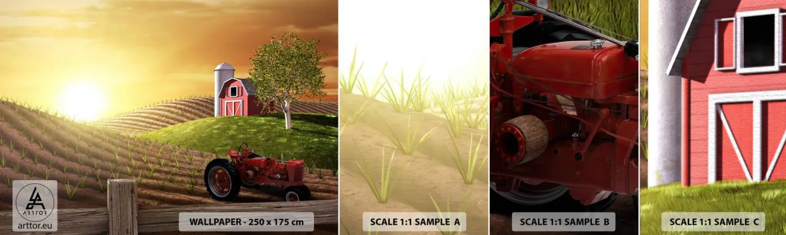 Mostră de Tapet Standard Eco - O fermă ca un basm - Fermă, Peisaj, Tractor - 100x30 cm