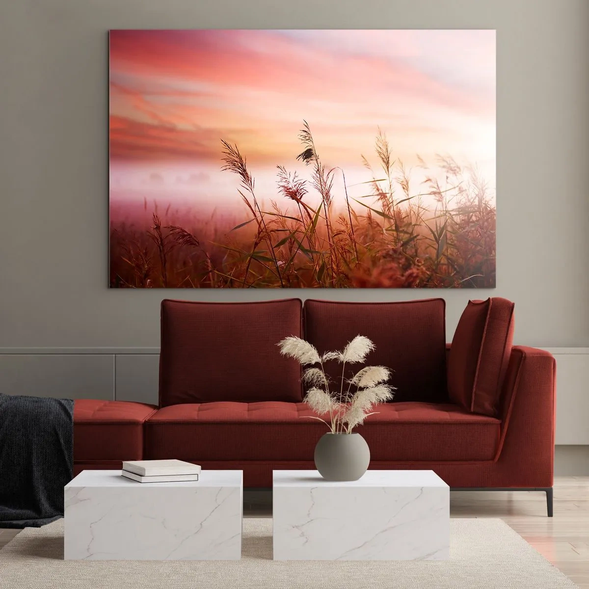 Tablou pe sticlă - O pajiște în ceața dimineții cu un cer pastelat - 70x50cm - Zmeuri, suflante, vânt - Decorațiune modernă pentru perete pentru living și dormitor ARTTOR