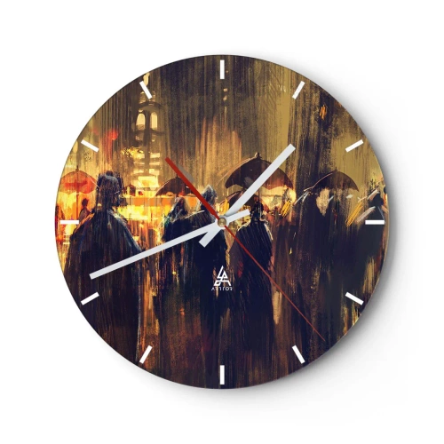 Ceas de perete - Ceas pe sticlă - O mulțime de oameni sub umbrele pe fundalul unui oraș nocturn - 30x30cm - Urmașii ploii - Decorațiune modernă pentru perete pentru living, bucătărie și dormitor ARTTOR