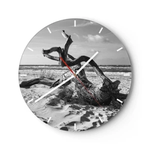 Ceas de perete - Ceas pe sticlă - Un peisaj alb-negru cu o creangă căzută pe o plajă cu nisip. - 30x30cm - Sculptură marină - Decorațiune modernă pentru perete pentru living, bucătărie și dormitor ARTTOR