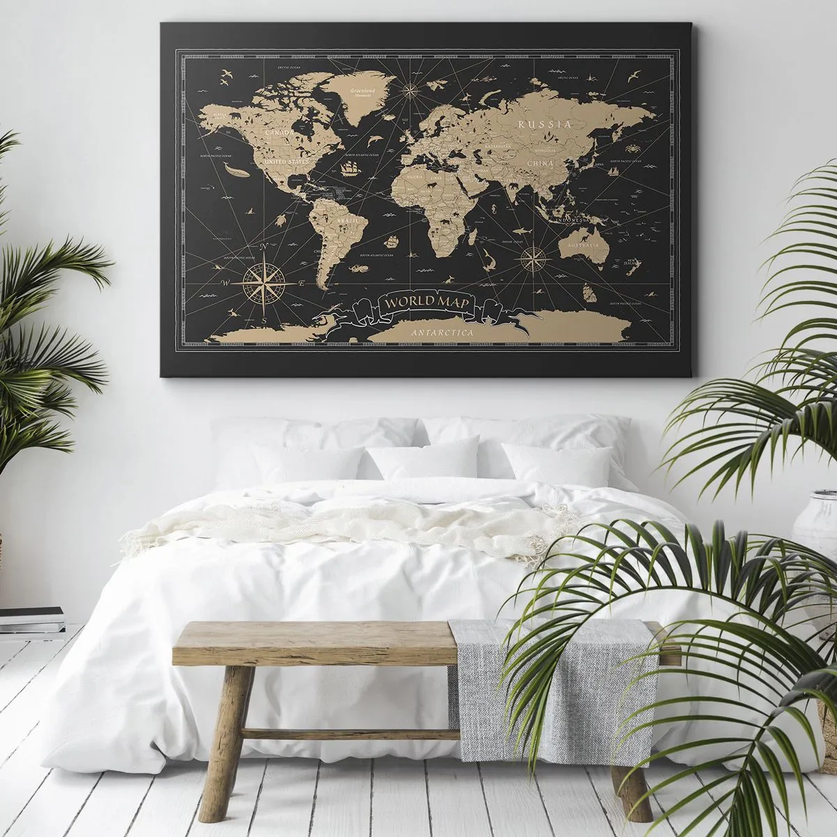 Tablou pe pânză Canvas - O hartă a lumii stilizată pe fundal negru cu accente bej. - 70x50cm - Limitele lumii mele - Decorațiune modernă pentru perete pentru living și dormitor ARTTOR