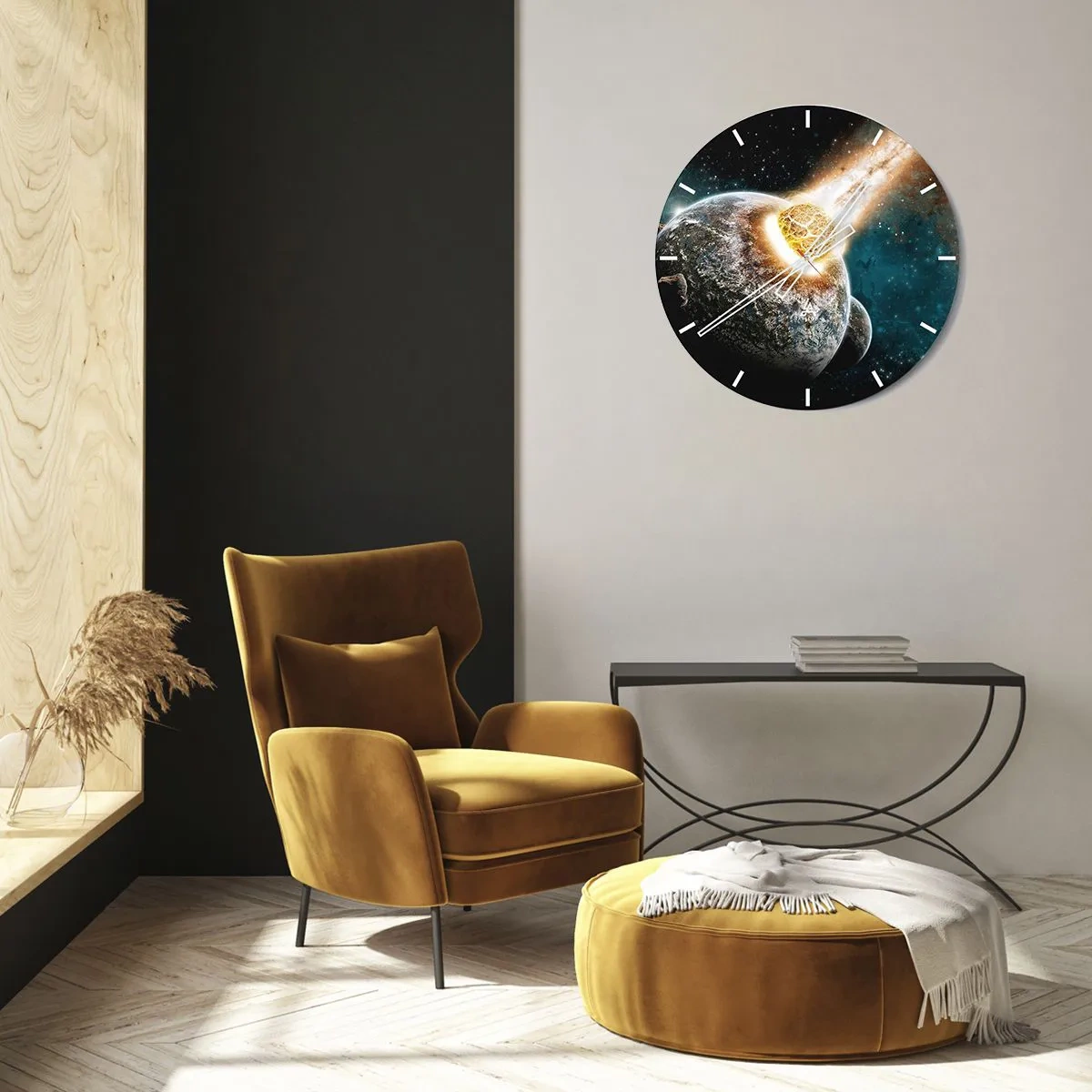 Ceas de perete - Ceas pe sticlă - Pământul și meteoritul într-o explozie cosmică - 30x30cm - Anihilare sau naștere? - Decorațiune modernă pentru perete pentru living, bucătărie și dormitor ARTTOR