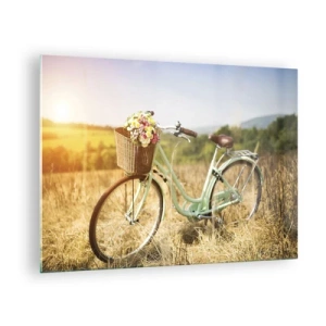 Tablou pe sticlă - Bicicletă retro cu flori pe un fundal natural - 70x50cm - Mă odihnesc aici un pic - Decorațiune modernă pentru perete pentru living și dormitor ARTTOR