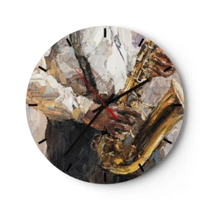 Ceas de perete - Ceas pe sticlă - O pictură artistică care înfățișează un muzician cântând la saxofon - 30x30cm - E timpul pentru a cânta solo - Decorațiune modernă pentru perete pentru living, bucătărie și dormitor ARTTOR