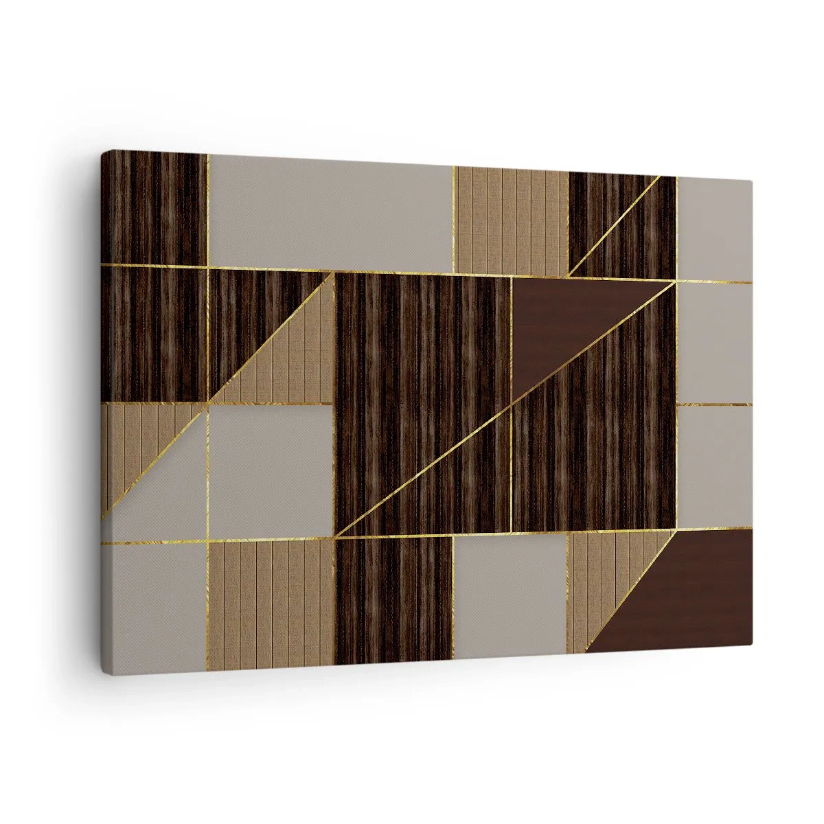 Tablou pe pânză Canvas - Modele geometrice în nuanțe de maro cu linii aurii - 70x50cm - Un mozaic de maro și auriu - Decorațiune modernă pentru perete pentru living și dormitor ARTTOR