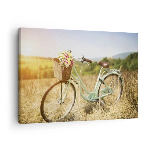 Tablou pe pânză Canvas - O bicicletă retro cu un coș plin de flori pe fundalul unei pajiști. - 70x50cm - Mă odihnesc aici un pic - Decorațiune modernă pentru perete pentru living și dormitor ARTTOR