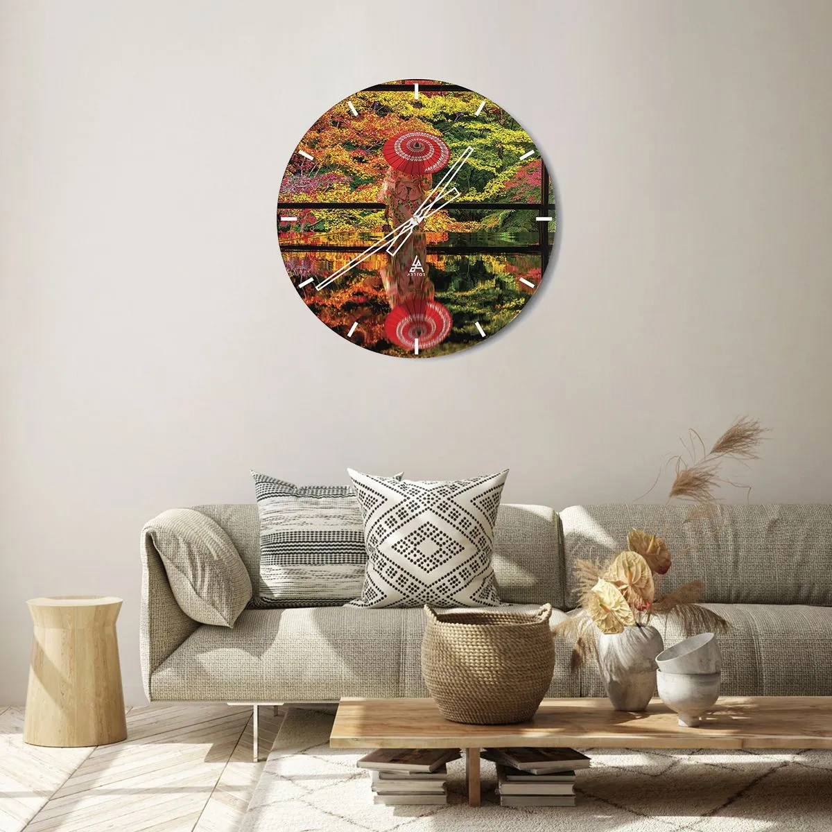 Ceas de perete - Ceas pe sticlă - Umbrelă japoneză printre frunzele de toamnă - 30x30cm - În templul naturii - Decorațiune modernă pentru perete pentru living, bucătărie și dormitor ARTTOR