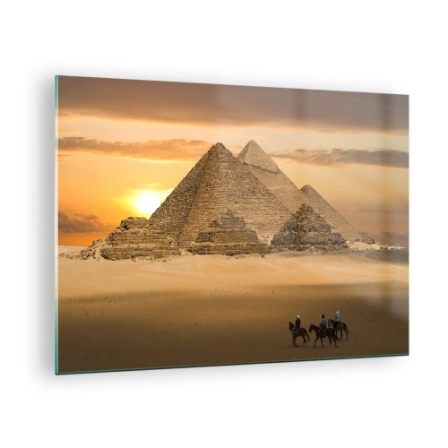 Tablou pe sticlă - Piramidele din Giza la apus cu călăreți pe cai - 70x50cm - Neschimbat de mii de ani - Decorațiune modernă pentru perete pentru living și dormitor ARTTOR