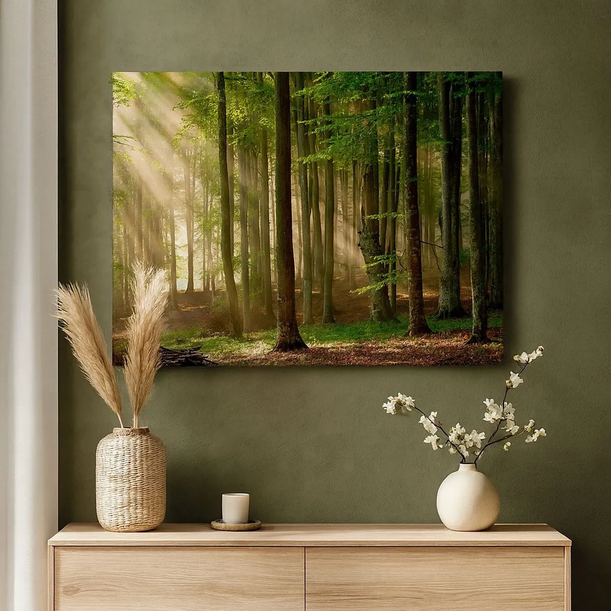 Tablou pe pânză Canvas - Razele soarelui pătrund printre copacii din pădure - 70x50cm - Strălucitoare într-o dimineață de primăvară - Decorațiune modernă pentru perete pentru living și dormitor ARTTOR