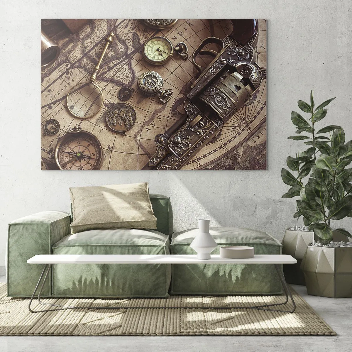 Tablou pe sticlă - Obiecte antice și o hartă - 70x50cm - Sugestii de aventură - Decorațiune modernă pentru perete pentru living și dormitor ARTTOR