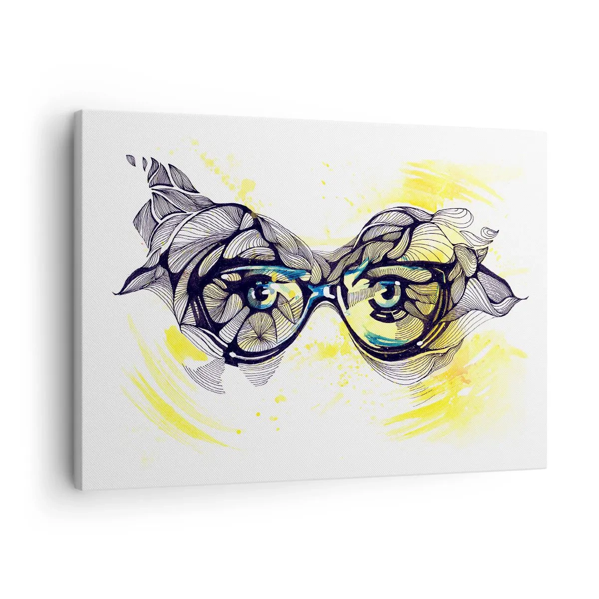 Tablou pe pânză Canvas - Grafică artistică a ochelarilor cu ochi expresivi - 70x50cm - Prin ochelari albaștri - Decorațiune modernă pentru perete pentru living și dormitor ARTTOR