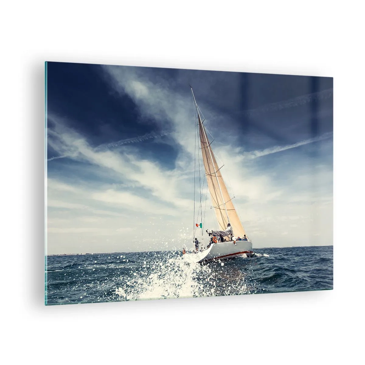 Tablou pe sticlă - Un iaht navighează pe o mare furtunoasă sub un cer albastru - 70x50cm - Nu ne vor prinde din urmă! - Decorațiune modernă pentru perete pentru living și dormitor ARTTOR