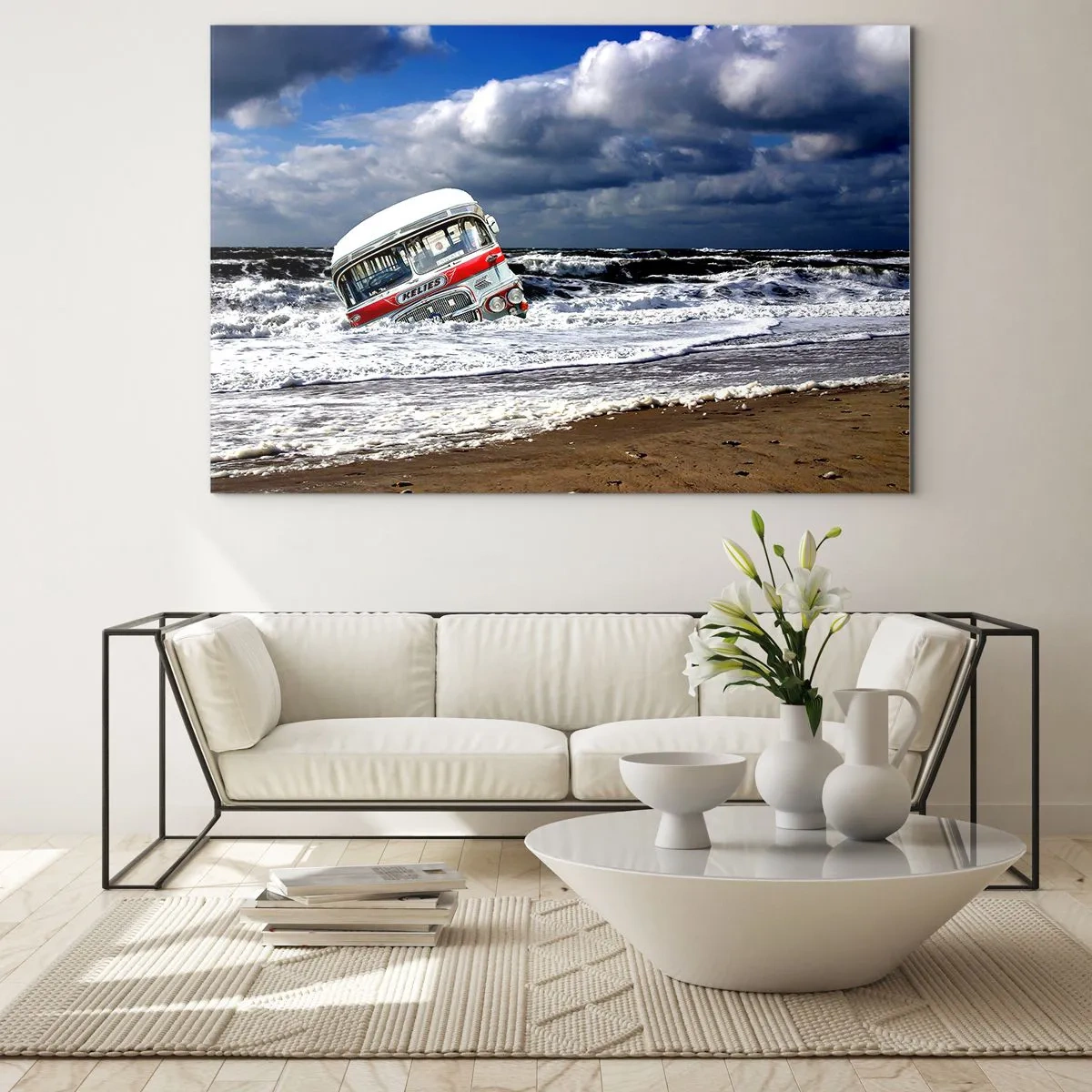 Tablou pe sticlă - Un autobuz vechi în apele unei mări furtunoase - 70x50cm - Și de ce sunteți surprins? - Decorațiune modernă pentru perete pentru living și dormitor ARTTOR