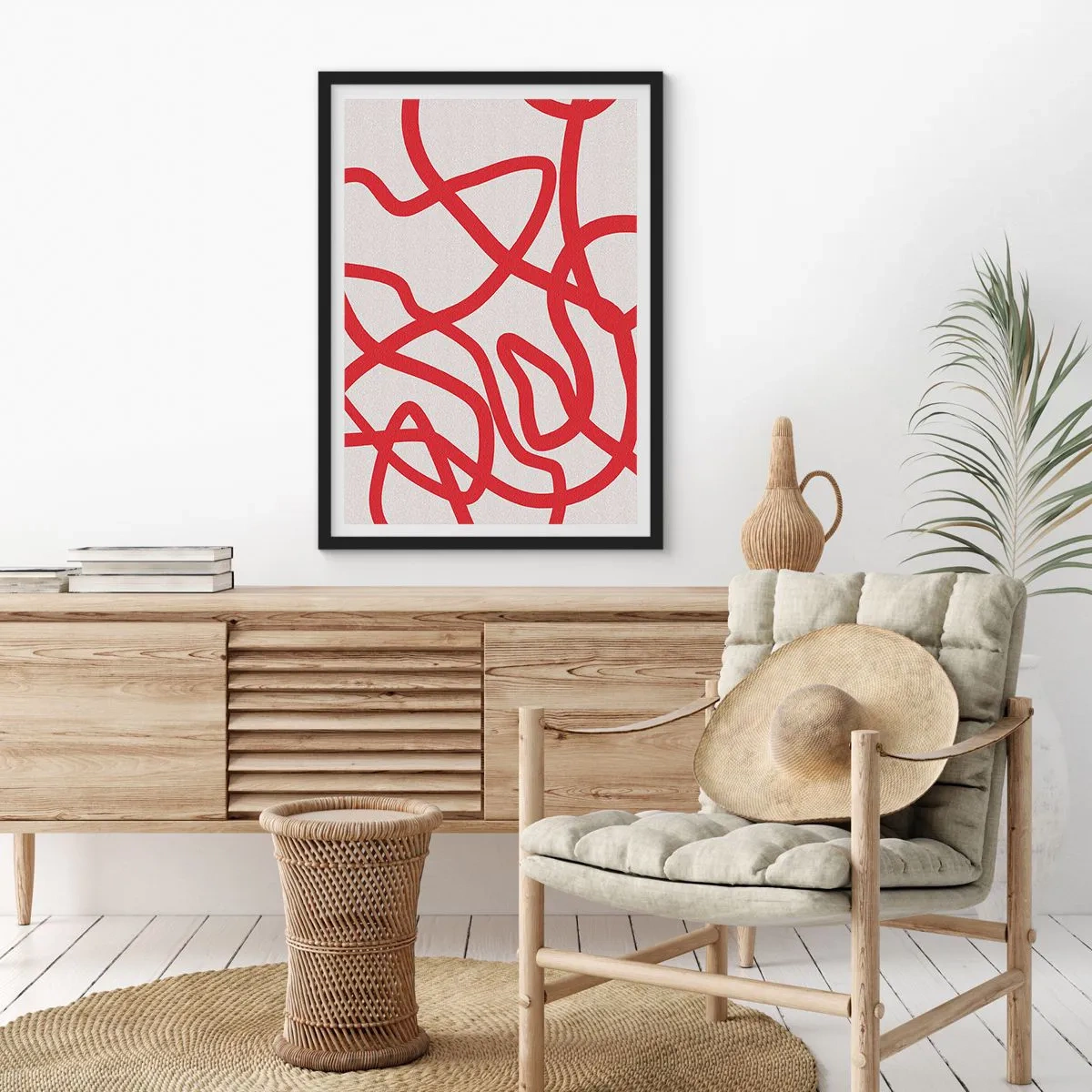 Poster în ramă neagră - Compoziție abstractă a liniilor roșii dinamice pe un fundal deschis. - 50x70cm - Roșu pe alb - Decorațiune modernă pentru perete pentru living și dormitor ARTTOR