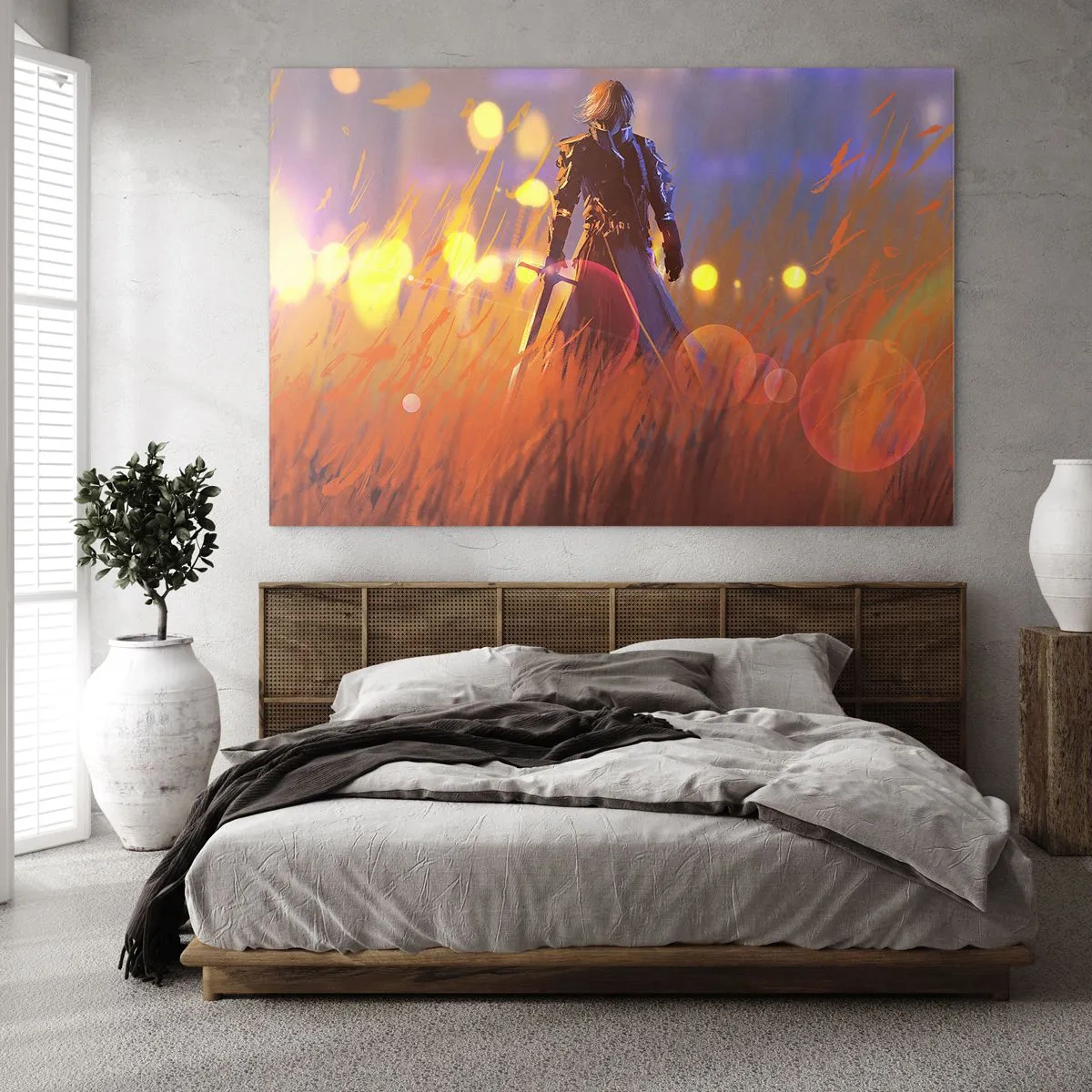 Tablou pe sticlă - O figură în armură printre iarba portocalie, cu un fundal luminos. - 70x50cm - Cavalerul greșit - Decorațiune modernă pentru perete pentru living și dormitor ARTTOR