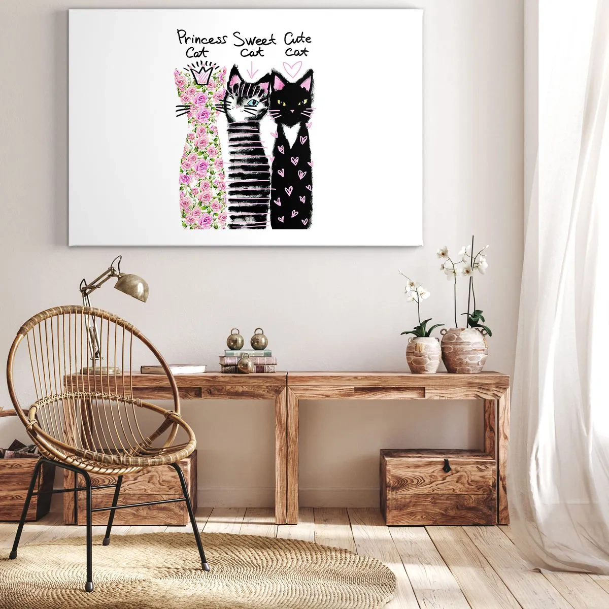 Tablou pe pânză Canvas - Trei pisici cu diverse modele artistice - 70x50cm - Trei pisici - Decorațiune modernă pentru perete pentru living și dormitor ARTTOR