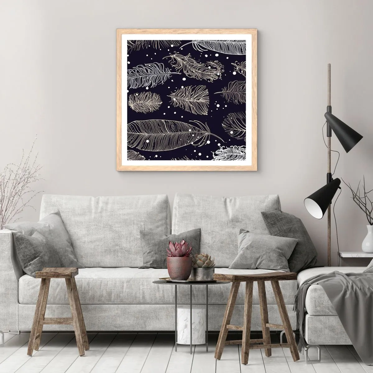 Poster în ramă de stejar deschis - Dantelă cu pene - 50x50 cm