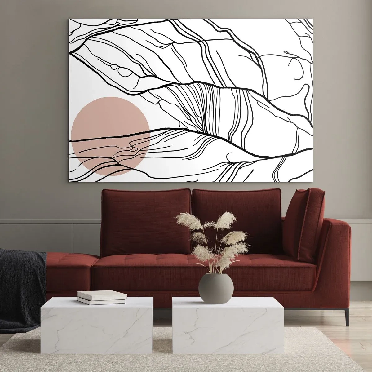 Tablou pe sticlă - Linii umbroase de ramuri cu un soare bej - 70x50cm - Într-o rețea de crengi - Decorațiune modernă pentru perete pentru living și dormitor ARTTOR