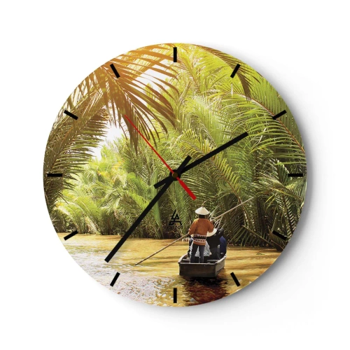 Ceas de perete - Ceas pe sticlă - Oameni pe o barcă care navighează printr-o pădure densă de palmieri - 30x30cm - Prin cheile din palmieri - Decorațiune modernă pentru perete pentru living, bucătărie și dormitor ARTTOR