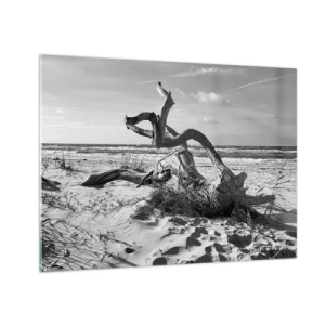 Tablou pe sticlă - Un peisaj alb-negru cu o creangă căzută pe o plajă de pe malul mării. - 70x50cm - Sculptură marină - Decorațiune modernă pentru perete pentru living și dormitor ARTTOR