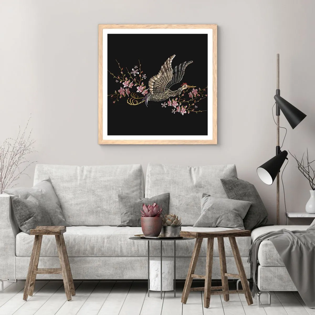 Poster în ramă de stejar deschis - Pasăre exotică brodată - 40x40 cm