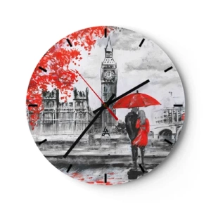 Ceas de perete - Ceas pe sticlă - Un cuplu sub o umbrelă roșie, cu Big Ben și Palatul Parlamentului în fundal. - 30x30cm - Îndrăgostit de Londra - Decorațiune modernă pentru perete pentru living, bucătărie și dormitor ARTTOR