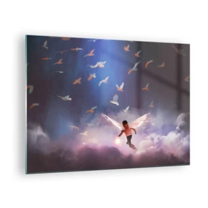 Tablou pe sticlă - O figură cu aripi de înger plutind printre nori - 70x50cm - Este nevoie de imaginație și curaj - Decorațiune modernă pentru perete pentru living și dormitor ARTTOR